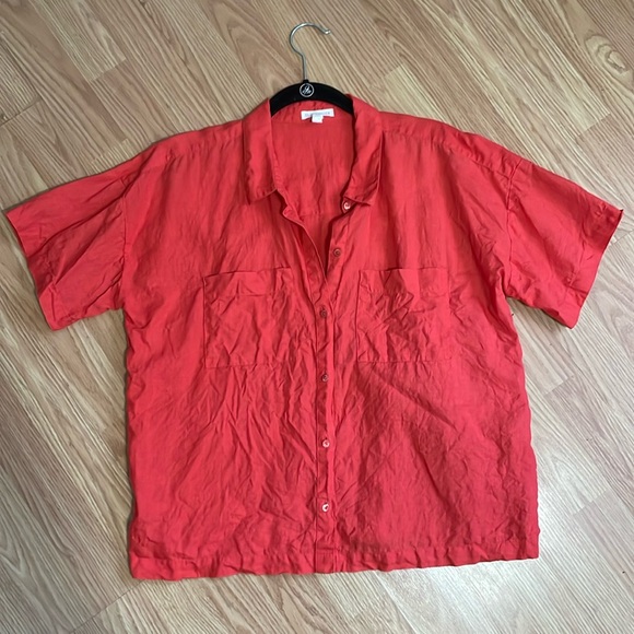 Red Organic Linen Eileen Fisher Button Up Shirt - Picture 1 of 8